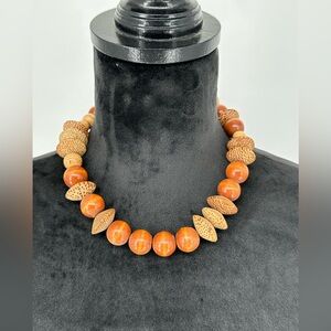 Vintage Boho Chunky Tribal Wood Brown 18.5” Choker Necklace I4